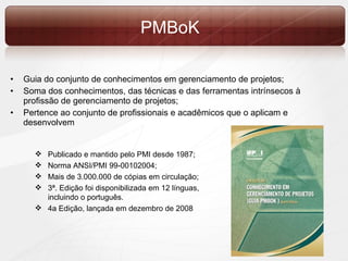 PMBoK Guia do conjunto de conhecimentos em gerenciamento de projetos; Soma dos conhecimentos, das técnicas e das ferramentas intrínsecos à profissão de gerenciamento de projetos; Pertence ao conjunto de profissionais e acadêmicos que o aplicam e desenvolvem Publicado e mantido pelo PMI desde 1987; Norma ANSI/PMI 99-00102004; Mais de 3.000.000 de cópias em circulação; 3ª. Edição foi disponibilizada em 12 línguas, incluindo o português. 4a Edição, lançada em dezembro de 2008 