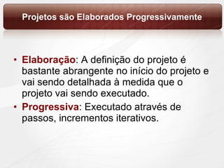 Projetos são Elaborados Progressivamente Elaboração : A definição do projeto é bastante abrangente no início do projeto e vai sendo detalhada à medida que o projeto vai sendo executado.  Progressiva : Executado através de passos, incrementos iterativos.  