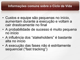 Informações comuns sobre o Ciclo de Vida Custos e equipe são pequenas no início, aumentam durante a execução e voltam a cair drasticamente no final A probabilidade de sucesso é muito pequena no início A influência dos “stakeholders” é bastante alta no início A execução das fases não é estritamente sequencial (“fast tracking”) 