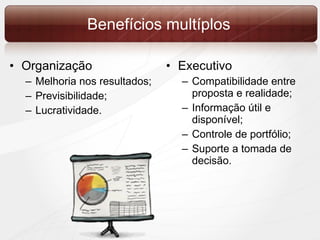 Benefícios   multíplos Organização Melhoria nos resultados; Previsibilidade; Lucratividade. Executivo Compatibilidade entre proposta e realidade; Informação útil e disponível; Controle de portfólio; Suporte a tomada de decisão. 
