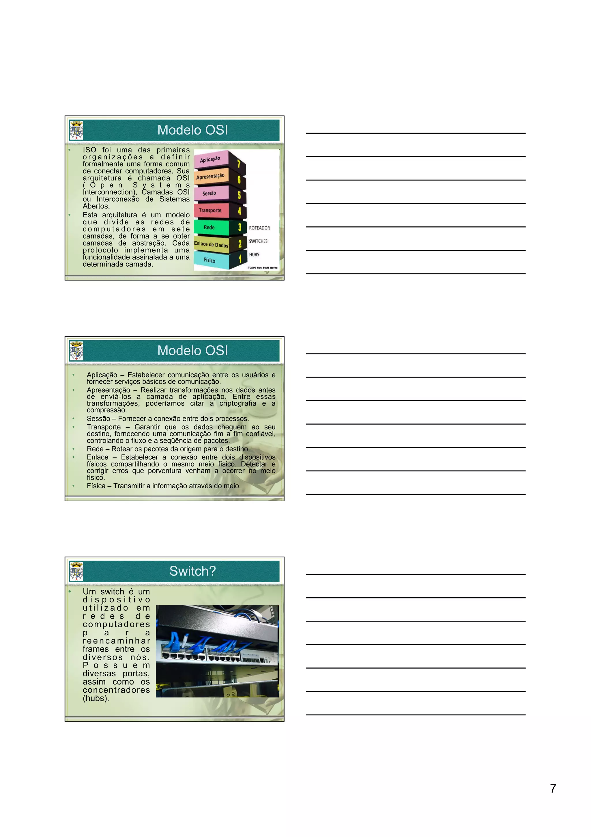 Modelo OSI
•         ISO foi uma das primeiras
          organizações a definir
          formalmente uma forma comum
          de conectar computadores. Sua
          arquitetura é chamada OSI
          ( O p e n S y s t e m s
          Interconnection), Camadas OSI
          ou Interconexão de Sistemas
          Abertos.
•         Esta arquitetura é um modelo
          que divide as redes de
          computadores em sete
          camadas, de forma a se obter
          camadas de abstração. Cada
          protocolo implementa uma
          funcionalidade assinalada a uma
          determinada camada.




                               Modelo OSI
     •     Aplicação – Estabelecer comunicação entre os usuários e
           fornecer serviços básicos de comunicação.
     •     Apresentação – Realizar transformações nos dados antes
           de enviá-los a camada de aplicação. Entre essas
           transformações, poderíamos citar a criptografia e a
           compressão.
     •     Sessão – Fornecer a conexão entre dois processos.
     •     Transporte – Garantir que os dados cheguem ao seu
           destino, fornecendo uma comunicação fim a fim confiável,
           controlando o fluxo e a seqüência de pacotes.
     •     Rede – Rotear os pacotes da origem para o destino.
     •     Enlace – Estabelecer a conexão entre dois dispositivos
           físicos compartilhando o mesmo meio físico. Detectar e
           corrigir erros que porventura venham a ocorrer no meio
           físico.
     •     Física – Transmitir a informação através do meio.




                                   Switch?
•         Um switch é um
          dispositivo
          utilizado em
          r e d e s d e
          computadores
          p    a    r   a
          reencaminhar
          frames entre os
          diversos nós.
          P o s s u e m
          diversas portas,
          assim como os
          concentradores
          (hubs).




                                                                      7
 