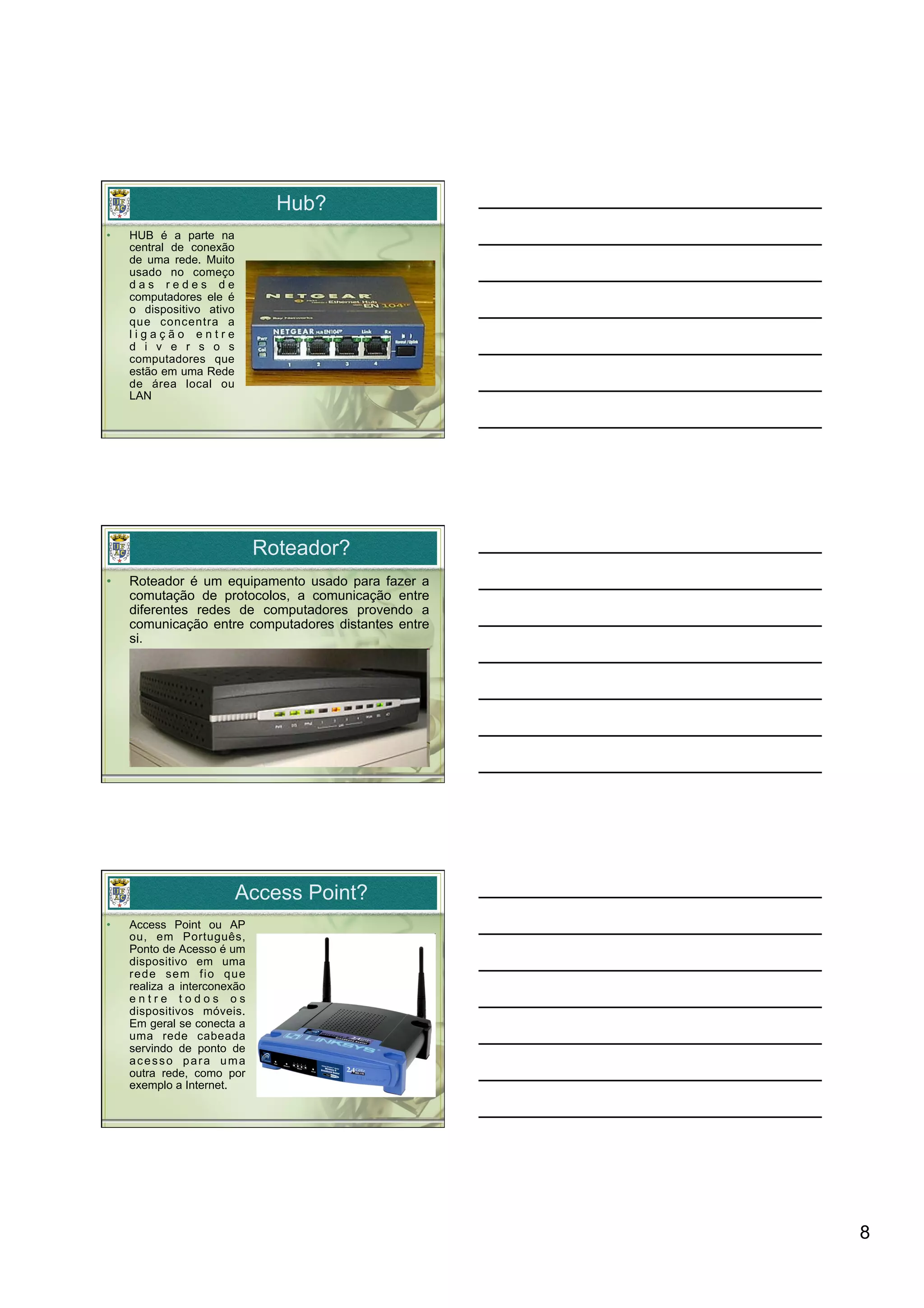 Hub?
•    HUB é a parte na
     central de conexão
     de uma rede. Muito
     usado no começo
     das redes de
     computadores ele é
     o dispositivo ativo
     que concentra a
     ligação entre
     d i v e r s o s
     computadores que
     estão em uma Rede
     de área local ou
     LAN




                              Roteador?
•    Roteador é um equipamento usado para fazer a
     comutação de protocolos, a comunicação entre
     diferentes redes de computadores provendo a
     comunicação entre computadores distantes entre
     si.




                           Access Point?
•    Access Point ou AP
     ou, em Português,
     Ponto de Acesso é um
     dispositivo em uma
     rede sem fio que
     realiza a interconexão
     entre todos os
     dispositivos móveis.
     Em geral se conecta a
     uma rede cabeada
     servindo de ponto de
     acesso para uma
     outra rede, como por
     exemplo a Internet.




                                                      8
 