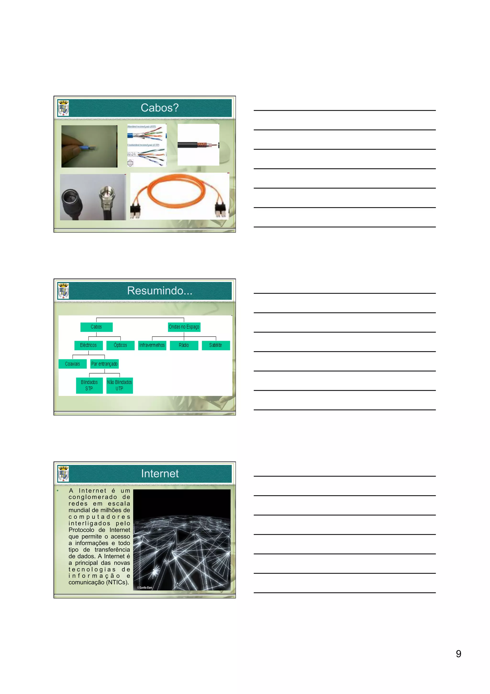 Cabos?




                         Resumindo...




                              Internet
•    A Internet é um
     conglomerado de
     redes em escala
     mundial de milhões de
     computadores
     interligados pelo
     Protocolo de Internet
     que permite o acesso
     a informações e todo
     tipo de transferência
     de dados. A Internet é
     a principal das novas
     tecnologias de
     informação e
     comunicação (NTICs).




                                         9
 