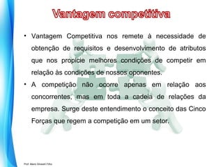 • Vantagem Competitiva nos remete à necessidade de
obtenção de requisitos e desenvolvimento de atributos
que nos propicie melhores condições de competir em
relação às condições de nossos oponentes.
• A competição não ocorre apenas em relação aos
concorrentes, mas em toda a cadeia de relações da
empresa. Surge deste entendimento o conceito das Cinco
Forças que regem a competição em um setor.

Prof. Mario Silvestri Filho

 