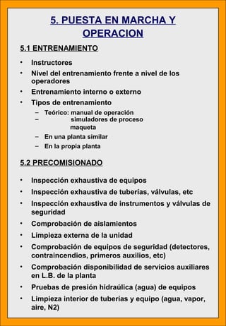 5.1 ENTRENAMIENTO
• Instructores
• Nivel del entrenamiento frente a nivel de los
operadores
• Entrenamiento interno o externo
• Tipos de entrenamiento
– Teórico: manual de operación
– simuladores de proceso
maqueta
– En una planta similar
– En la propia planta
5. PUESTA EN MARCHA Y
OPERACION
5.2 PRECOMISIONADO
• Inspección exhaustiva de equipos
• Inspección exhaustiva de tuberías, válvulas, etc
• Inspección exhaustiva de instrumentos y válvulas de
seguridad
• Comprobación de aislamientos
• Limpieza externa de la unidad
• Comprobación de equipos de seguridad (detectores,
contraincendios, primeros auxilios, etc)
• Comprobación disponibilidad de servicios auxiliares
en L.B. de la planta
• Pruebas de presión hidraúlica (agua) de equipos
• Limpieza interior de tuberías y equipo (agua, vapor,
aire, N2)
 