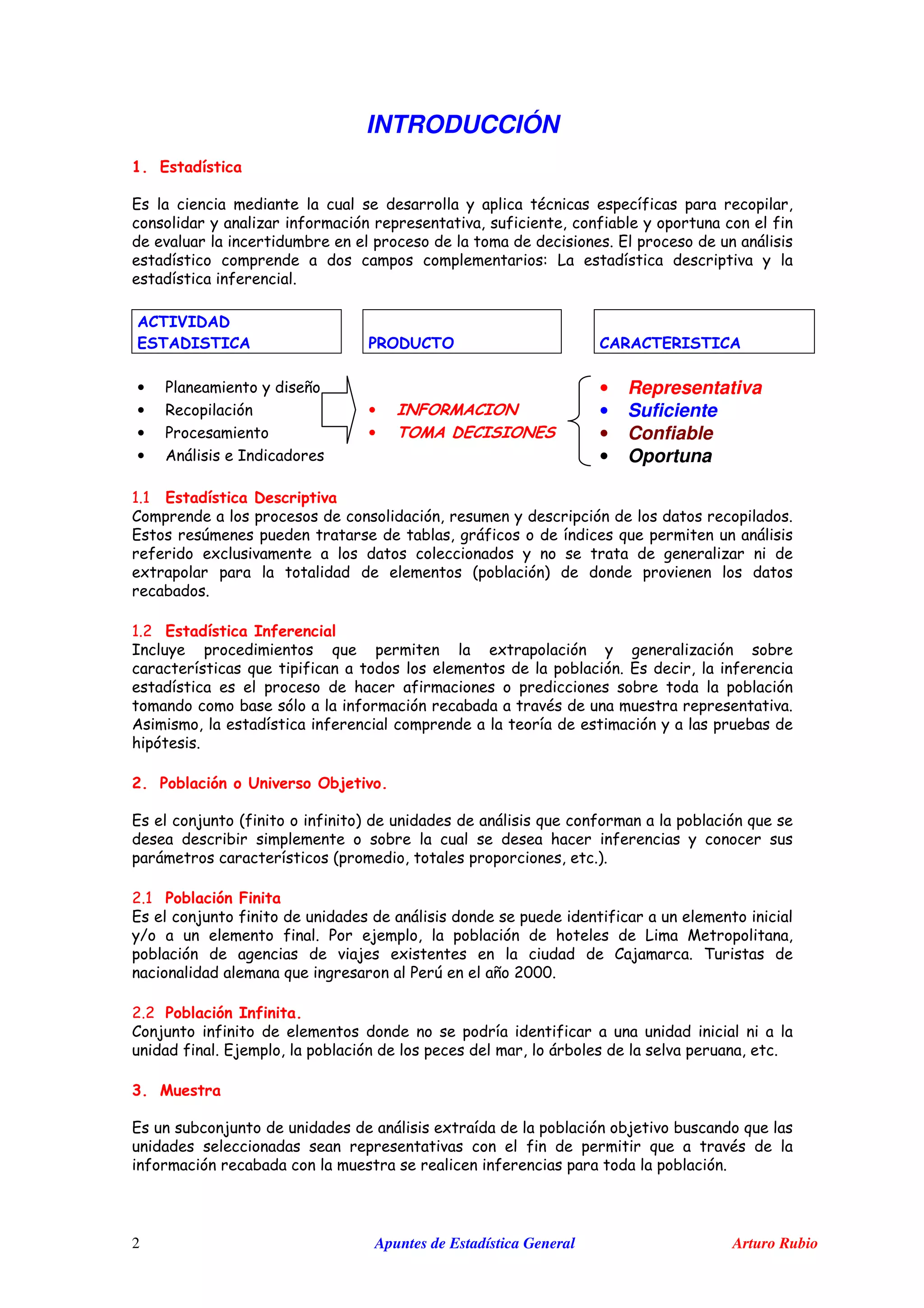 Apuntes de Estadística General Arturo Rubio2
INTRODUCCIÓN
• • Representativa
• • • Suficiente
• • • Confiable
• ! " • Oportuna
# #
$
% & '
( &
( ) *
# +
" ' ( &
'
,
!
,
! "# $ " " #% "
- ) * ' '
,
) *
+ # "# $
-
. - , /
& - ( $ - 0
' & % +111
+ + "# $
$ -
-
& '
- ( - '
'
 