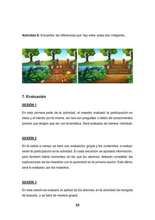 10
Actividad 8: Encuentra las diferencias que hay entre estas dos imágenes.
7. Evaluación
SESIÓN 1
En esta primera parte de la actividad, el maestro evaluará la participación en
clase y el interés por la misma, así sea con preguntas o datos de conocimientos
previos que tengan que ver con la temática. Será evaluada de manera indivdual.
SESIÓN 2
En la salida a campo se hará una evaluación grupal y los contenidos a evaluar
serán la participación en la actividad. En esta excursión se aportará información,
pero también habrá momentos en los que los alumnos deberán completar las
explicaciones de los maestros con lo aprendido en la primera sesión. Esto último
será lo evaluado por los maestros.
SESIÓN 3
En esta sesión se evaluará la aptitud de los alumnos en la actividad de recogida
de basuras, y se hará de manera grupal.
 