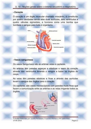 U. 10 - Noções gerais sobre o sistema circulatório e respiratório
Trabalho elaborado por: Jacinta Fernandes, Francisco Ferreira e Mª Isabel Braz
19-06-2010 Página 2
- Coração
O coração é um órgão muscular chamado miocárdio, é constituído
por quatro cavidades sendo elas duas aurículas, dois ventrículos e
quatro válvulas sigmoidais, e funciona como uma bomba que
bombeia o sangue para todo o organismo.
- Vasos sanguíneos
Os vasos Sanguíneos são as artérias veias e capilares.
As artérias têm paredes espeças e elásticas e saem do coração
através dos ventrículos levando o sangue a todos os órgãos do
corpo.
As veias têm paredes elásticas e finas e através das aurículas
levam o sangue dos órgãos para o coração.
Os capilares, são vasos microscópicos com paredes muito finas que
fazem a comunicação entre as artérias e as veias irrigando todos os
órgãos.
 