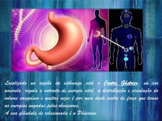 Localizado na região do estômago está o Centro Gástrico, na cor
amarela, regula a entrada de energia vital, a distribuição e circulação do
volume sanguíneo e muitas vezes é por meio deste centro de força que temos
as energias sugadas pelos obsessores.
A sua glândula de relacionada é a Pâncreas.
 