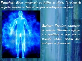 Perispírito: Corpo estruturado em bilhões de células “condensação
do fluido cósmico em torno de um foco de inteligência ou alma”
Espírito: Princípio inteligente
do universo. Mantém a ligação
e o equilíbrio de tudo com o
comando mental, através das
oscilações do pensamento.
 