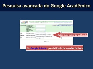 No Google Scholar, possibilidade de escolha de área
Autor, local e data de publicação
Pesquisa avançada do Google AcadêmicoPesquisa avançada do Google Acadêmico
 