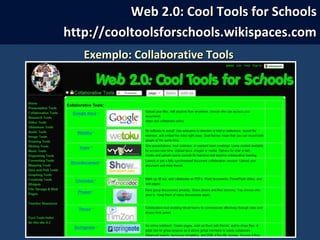 Exemplo: Collaborative ToolsExemplo: Collaborative Tools
Web 2.0: Cool Tools for SchoolsWeb 2.0: Cool Tools for Schools
http://cooltoolsforschools.wikispaces.comhttp://cooltoolsforschools.wikispaces.com
 