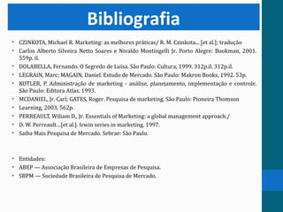 Bibliografia
• CZINKOTA, Michael R. Marketing: as melhores práticas/ R. M. Czinkota... [et al.]; tradução
• Carlos Alberto...