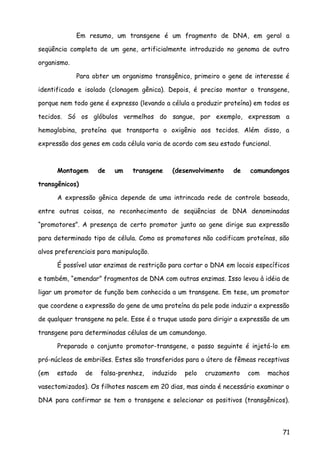 Em resumo, um transgene é um fragmento de DNA, em geral a
seqüência completa de um gene, artificialmente introduzido no genoma de outro
organismo.
Para obter um organismo transgênico, primeiro o gene de interesse é
identificado e isolado (clonagem gênica). Depois, é preciso montar o transgene,
porque nem todo gene é expresso (levando a célula a produzir proteína) em todos os
tecidos. Só os glóbulos vermelhos do sangue, por exemplo, expressam a
hemoglobina, proteína que transporta o oxigênio aos tecidos. Além disso, a
expressão dos genes em cada célula varia de acordo com seu estado funcional.
Montagem de um transgene (desenvolvimento de camundongos
transgênicos)
A expressão gênica depende de uma intrincada rede de controle baseada,
entre outras coisas, no reconhecimento de seqüências de DNA denominadas
“promotores”. A presença de certo promotor junto ao gene dirige sua expressão
para determinado tipo de célula. Como os promotores não codificam proteínas, são
alvos preferenciais para manipulação.
É possível usar enzimas de restrição para cortar o DNA em locais específicos
e também, “emendar” fragmentos de DNA com outras enzimas. Isso levou à idéia de
ligar um promotor de função bem conhecida a um transgene. Em tese, um promotor
que coordene a expressão do gene de uma proteína da pele pode induzir a expressão
de qualquer transgene na pele. Esse é o truque usado para dirigir a expressão de um
transgene para determinadas células de um camundongo.
Preparado o conjunto promotor-transgene, o passo seguinte é injetá-lo em
pró-núcleos de embriões. Estes são transferidos para o útero de fêmeas receptivas
(em estado de falsa-prenhez, induzido pelo cruzamento com machos
vasectomizados). Os filhotes nascem em 20 dias, mas ainda é necessário examinar o
DNA para confirmar se tem o transgene e selecionar os positivos (transgênicos).
71
 
