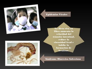 Epidemias Virales
Síndrome Diarreico Infeccioso
La dieta rica en
fibra aumenta la
velocidad del
tránsito intestinal,
reduce la
viscosidad fecal e
inhibe la
formación de
fecalitos.
 