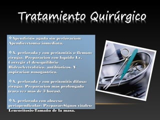 Apendicitis aguda sin perforación:Apendicitis aguda sin perforación:
Apendicectomía inmediata.Apendicectomía inmediata.
A. perforada y con peritonitis o flemón:A. perforada y con peritonitis o flemón:
cirugía. Preparación con líquido I.v.cirugía. Preparación con líquido I.v.
Corregir el desequilibrioCorregir el desequilibrio
Hidroelectrolítico, antibióticos. YHidroelectrolítico, antibióticos. Y
aspiración nasogástrica.aspiración nasogástrica.
A. perforada y con peritonitis difusa:A. perforada y con peritonitis difusa:
cirugía. Preparación más prolongadocirugía. Preparación más prolongado
(rara vez más de 3 horas).(rara vez más de 3 horas).
A. perforada con abscesoA. perforada con absceso
periapendicular: Preparar-Signos vitales-periapendicular: Preparar-Signos vitales-
Leucocitosis-Tamaño de la masa.Leucocitosis-Tamaño de la masa.
 