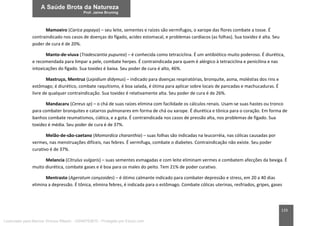 133
Mamoeiro (Carica papaya) – seu leite, sementes e raízes são vermífugos, o xarope das flores combate a tosse. É
contraindicado nos casos de doenças do fígado, acidez estomacal, e problemas cardíacos (as folhas). Sua toxidez é alta. Seu
poder de cura é de 20%.
Manto-de-viuva (Tradescantia pupurea) – é conhecida como tetraciclina. É um antibiótico muito poderoso. É diurética,
e recomendada para limpar a pele, combate herpes. É contraindicada para quem é alérgico à tetraciclina e penicilina e nas
intoxicações do fígado. Sua toxidez é baixa. Seu poder de cura é alto, 46%.
Mastruço, Mentruz (Lepidium didymus) – indicado para doenças respiratórias, bronquite, asma, moléstias dos rins e
estômago; é diurético, combate raquitismo, é boa salada, é ótima para aplicar sobre locais de pancadas e machucaduras. É
livre de qualquer contraindicação. Sua toxidez é relativamente alta. Seu poder de cura é de 26%.
Mandacaru (Cereus sp) – o chá de suas raízes elimina com facilidade os cálculos renais. Usam-se suas hastes ou tronco
para combater bronquites e catarros pulmonares em forma de chá ou xarope. É diurética e tônica para o coração. Em forma de
banhos combate reumatismos, ciática, e a gota. É contraindicada nos casos de pressão alta, nos problemas de fígado. Sua
toxidez é média. Seu poder de cura é de 37%.
Melão-de-são-caetano (Momordica charanthia) – suas folhas são indicadas na leucorréia, nas cólicas causadas por
vermes, nas menstruações difíceis, nas febres. É vermífuga, combate o diabetes. Contraindicação não existe. Seu poder
curativo é de 37%.
Melancia (Citrulus vulgaris) – suas sementes esmagadas e com leite eliminam vermes e combatem afecções da bexiga. É
muito diurética, combate gases e é boa para os males do peito. Tem 21% de poder curativo.
Mentrasto (Ageratum conyzoides) – é ótimo calmante indicado para combater depressão e stress, em 20 a 40 dias
elimina a depressão. É tônica, elimina febres, é indicada para o estômago. Combate cólicas uterinas, resfriados, gripes, gases
Licenciado para Marcos Vinicius Ribeiro - 33546753810 - Protegido por Eduzz.com
 
