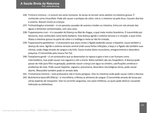 154
236- Trichiuris trichiura – é comum nos seres humanos. As larvas se tornam seres adultos no intestino grosso. É
conhecido como tricocéfalo. Pode até causar o prolapso do cólon, isto é, o intestino sai pelo ânus. Causam diarreia
e anemia. Atacam muito as crianças.
237- Trichostrôngilus orientalis – é um parasita causador de anemia e lesões no intestino. Entra em nós através das
águas e alimentos contaminados, com seus ovos.
238- Trypanossoma cruzi – é o causador da Doença ou Mal de chagas, a qual mata muitos brasileiros. É transmitido por
bezouros, mais conhecidos como bicho barbeiro. Esta doença agride o sistema nervoso e o coração, o qual incha.
Dilata o intestino grosso na parte do cólon e o esôfago e mata se não for tratado.
239- Trypanossoma gambiense – é protozoário que ataca muito o fígado podendo causar a hepatite, causa também a
doença do sono. Agride o sistema nervoso central onde causa fortes infecções; o baço e o fígado são também suas
vítimas, onde chega através do sangue e da linfa. Causa muitas dores musculares, emagrecimento e desordens
psíquicas. É transmitido pela mosca Tsé-Tsé.
240- Toxoplasma gondi – é um protozoário que se desenvolve na raposa e gato e tem o ser humano como
intermediário, mas pode causar-nos cegueira e até a morte. Ratos também são seu hospedeiro. A doença pode
passar de mãe para filho na gestação, podendo nascer criança com água no cérebro, calcificações cerebrais e
problemas de vista. Pode causar hepatite, cegueira, pneumonia, desordens neurológicas sérias, pode causar
aborto. Miocardite também pode vir através dele.
241- Trichomonas hominis – este protozoário não é muito perigoso. Vive no intestino onde pode causar colite e diarreia.
242- Wulcheréria bancrófti (filária) – é microfilária, a fêmea se alimenta de sangue. É transmitido através de larvas por
várias espécies de mosquitos. Vive na corrente sanguínea, nos vasos linfáticos, os quais pode obstruir causando
hidrocele ou elefantíase.
Licenciado para Marcos Vinicius Ribeiro - 33546753810 - Protegido por Eduzz.com
 