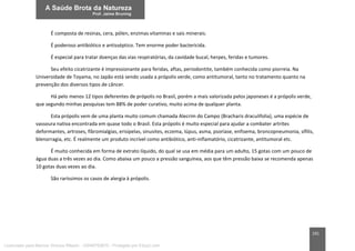 191
É composta de resinas, cera, pólen, enzimas vitaminas e sais minerais.
É poderoso antibiótico e antisséptico. Tem enorme poder bactericida.
É especial para tratar doenças das vias respiratórias, da cavidade bucal, herpes, feridas e tumores.
Seu efeito cicatrizante é impressionante para feridas, aftas, periodontite, também conhecida como piorreia. Na
Universidade de Toyama, no Japão está sendo usada a própolis verde, como antitumoral, tanto no tratamento quanto na
prevenção dos diversos tipos de câncer.
Há pelo menos 12 tipos deferentes de própolis no Brasil, porém a mais valorizada pelos japoneses é a própolis verde,
que segundo minhas pesquisas tem 88% de poder curativo, muito acima de qualquer planta.
Esta própolis vem de uma planta muito comum chamada Alecrim do Campo (Bracharis draculifolia), uma espécie de
vassoura nativa encontrada em quase todo o Brasil. Esta própolis é muito especial para ajudar a combater artrites
deformantes, artroses, fibromialgias, erisipelas, sinusites, eczema, lúpus, asma, psoríase, enfisema, broncopneumonia, sífilis,
blenorragia, etc. É realmente um produto incrível como antibiótico, anti-inflamatório, cicatrizante, antitumoral etc.
É muito conhecida em forma de extrato líquido, do qual se usa em média para um adulto, 15 gotas com um pouco de
água duas a três vezes ao dia. Como abaixa um pouco a pressão sanguínea, aos que têm pressão baixa se recomenda apenas
10 gotas duas vezes ao dia.
São raríssimos os casos de alergia à própolis.
Licenciado para Marcos Vinicius Ribeiro - 33546753810 - Protegido por Eduzz.com
 