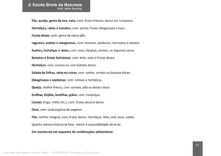 73
Pão, queijo, gema de ovo, nata, com: frutas frescas, doces em compotas.
Hortaliças, raízes e tomates, com: azeite, frutas oleaginosas e ovos.
Frutas doces, com: gema de ovo e pão.
Legumes, azeites e oleaginosas, com: tomates, abóboras, berinjelas e saladas.
Azeites, hortaliças e raízes, com: ovos, batatas, cereais, ou legumes secos.
Bananas e frutas farináceas, com: leite, ovos e frutas doces.
Hortaliças, com: cereais ou com batatas doces.
Salada de folhas, talos ou raízes, com: azeite, cereais ou batatas doces.
Oleaginosos e azeitonas, com: cereais e hortaliças.
Queijo, melhor fresco, com: cereais, pão ou batata doce.
Ervilhas, feijões, lentilhas, grãos, com: hortaliças.
Cereais (trigo, milho etc.), com: frutas secas e doces.
Ovos, com: toda espécie de vegetais.
Pão, melhor integral, com; frutas doces, hortaliças, leite, mel, ovos, azeite.
Quanto menos mistura se fizer, menor é a possibilidade de errar.
Em resumo eis um esquema de combinações alimentares:
Licenciado para Marcos Vinicius Ribeiro - 33546753810 - Protegido por Eduzz.com
 