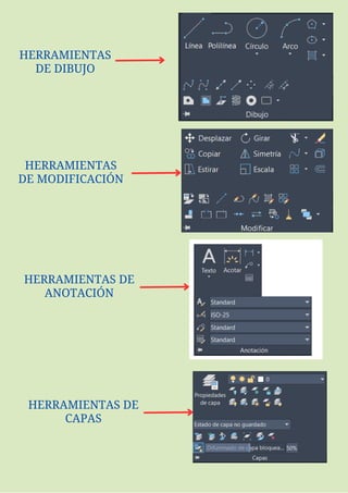 HERRAMIENTAS DE
ANOTACIÓN
HERRAMIENTAS DE
CAPAS
HERRAMIENTAS
DE DIBUJO
HERRAMIENTAS
DE MODIFICACIÓN
 