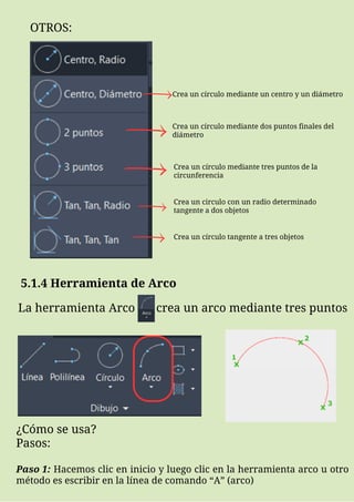 OTROS:
Crea un círculo mediante un centro y un diámetro
Crea un círculo mediante dos puntos finales del
diámetro
Crea un círculo mediante tres puntos de la
circunferencia
Crea un circulo con un radio determinado
tangente a dos objetos
Crea un círculo tangente a tres objetos
5.1.4 Herramienta de Arco
La herramienta Arco crea un arco mediante tres puntos
¿Cómo se usa?
Pasos:
Paso 1: Hacemos clic en inicio y luego clic en la herramienta arco u otro
método es escribir en la línea de comando “A” (arco)
 