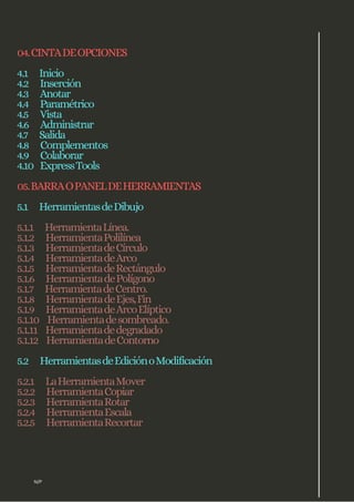 N/P
04.CINTADEOPCIONES
4.1 Inicio
4.2 Inserción
4.3 Anotar
4.4 Paramétrico
4.5 Vista
4.6 Administrar
4.7 Salida
4.8 Complementos
4.9 Colaborar
4.10 ExpressTools
05.BARRAOPANELDEHERRAMIENTAS
5.1 HerramientasdeDibujo
5.1.1 HerramientaLínea.
5.1.2 HerramientaPolilínea
5.1.3 HerramientadeCírculo
5.1.4 HerramientadeArco
5.1.5 HerramientadeRectángulo
5.1.6 HerramientadePolígono
5.1.7 HerramientadeCentro.
5.1.8 HerramientadeEjes,Fin
5.1.9 HerramientadeArcoElíptico
5.1.10 Herramientadesombreado.
5.1.11 Herramientadedegradado
5.1.12 HerramientadeContorno
5.2 HerramientasdeEdiciónoModificación
5.2.1 LaHerramientaMover
5.2.2 HerramientaCopiar
5.2.3 HerramientaRotar
5.2.4 HerramientaEscala
5.2.5 HerramientaRecortar
 