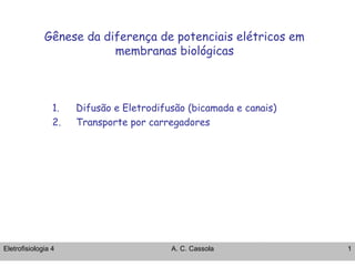 Gênese da diferença de potenciais elétricos em 
membranas biológicas 
1. Difusão e Eletrodifusão (bicamada e canais) 
2. Transporte por carregadores 
Eletrofisiologia 4 A. C. Cassola 1 
 