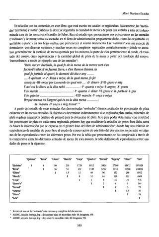 Albert Martínez Hcacho
En relación con su contenido, en este libro -que está escrito en catalán- se registraban, básicamente, las "reebu-
des" (entradas) y'dates" (salidas). Es decir, se registraba la cantidad de mena y de plata que entraba y salía de la deno-
minada casa de las menas en el castillo de Falset. Para el estudio que presentamos nos centraremos en las entradas
("reebudes") de mena; tanto las anotadas en el libro de administración propiamente dicho, como las registradas en
un bifolio a parte y en dos hojas sueltas, que pertenecen al mismo documento. Las "reebudes" son una especie de
formularios -con diversas variantes, y muchas veces no completos- registrados correlativamente y dónde se anota-
ban, generalmente: la cantidad de mena aportada por los mineros, la parte de ésta perteneciente al conde, el resul-
tado del ensayo, otras equivalencias y la cantidad global de plata de la mena a partir del resultado del ensayo.
Transcribimos, a modo de ejemplo, una de las entradas14
:
"Item met en Reebuda, la qualfo de la mena de la menor sort d'en
JacmoFiveller, d'enJacmet Steve, e d'en Ramon Favara, la
qualfo partida al quart, lo damunt dit día e any
•/• quintar • e -I"• Rova e miya, de la qual mena, fo Jet
assaig de -III- oncesper Laonardo lo qual rete....: -II- diners -XVII- grans e mig
E axí val la lliura a la dita rahó : •/"• quarta e miya •/• argenc X- grans
E lo march ; -F- quarta I- diner VI- grans e 11 parts-de -I- gra
E lo quintar ; -VIII- marchs -I"- onca e miya
Perqué munta tot l'argent qui és en la dita mena :
•XI- marchs II- onges e mig ternal".^
A partir del estudio de estas entradas (las denominadas '"reebudes") hemos analizado los porcentajes de plata
existente en las menas extraídas. El objetivo es determinar indirectamente si se explotaba plata nativa, minerales de
plata o galena argentífera (sulfuro de plomo) para la obtención de plata. Pero para poder determinar con exactitud
los porcentajes de plata en cada mena registrada, primero hay que establecer la relación de pesos. Para dicha tarea
es básica la información que se expresa en el primer folio del libro de administración16
, donde hay una relación de
equivalencias de medidas de peso. Pero el estado de conservación de este folio del documento no permite ver algu-
nas de las equivalencias entre los diferentes pesos. Por eso la tabla que presentamos se ha completado a través de
la comparativa entre las diferentes entradas de mena. De esta manera, la tabla definitiva de equivalencias entre uni-
dades de peso es la siguiente:
•Quintar"
"Rova"
"Lliura"
"March"
"Unca"
"Quart/a"
"Ternal"
"Ai-genc"
"Diner"
"Gra"
"Quintar"
1
"Rova"
4
1
"Lliura"
144
36
1
"March"
216
54
1,5
1
"Unca"
1728
432
12
8
1
"Quart/a"
6912
1728
48
32
4
1
"Ternal"
13824
3456
96
64
8
2
1
"Argenc"
27648
6912
192
128
16
4
2
1
"Diner"
41472
10368
288
192
24
6
3
1,5
1
"Gra"
995328
248832
6912
4608
576
144
72
36
24
1
14
Se trata de una de las "reebudes" más extensas y completas del documento.
15
ACDMC, sección Entenca, leg. 1, documento núm.45; microfilm: rollo 48, fotograma 358.
16
ACDMC, sección Entenca, leg.1, doc.núm.45, microfilm: rollo 48,fotograma352.
359
 