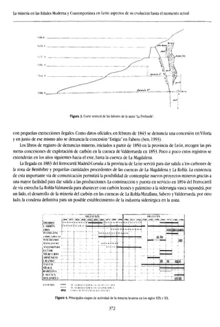 La minería en las Edades Moderna y Contemporánea en León: aspectos de su evolución hasta el momento actual
Figura 3. Corte vertical de las labores de la mina "La Profunda".
con pequeñas extracciones ilegales. Como datos oficiales, en febrero de 1843 se denuncia una concesión en Vitoria
y en junio de ese mismo año se denuncia la concesión "Estigia" en Fabero (Sen, 1993).
Los libros de registro de denuncias mineras, iniciados a partir de 1850 en la provincia de León, recogen las pri-
meras concesiones de explotación de carbón en la cuenca de Valderrueda en 1853. Poco a poco estos registros se
extenderán en los años siguientes hacia el este, hasta la cuenca de La Magdalena.
La llegada en 1883 del ferrocarril Madrid-Coruña a la provincia de León servirá para dar salida a los carbones de
la zona de Bembibre y pequeñas cantidades procedentes de las cuencas de La Magdalena y La Robla. La existencia
de esta importante vía de comunicación permitirá la posibilidad de contemplar nuevos proyectos mineros gracias a
una mayor facilidad para dar salida a las producciones. La construcción y puesta en servicio en 1894 del Ferrocarril
de vía estrecha La Robla-Valmaseda para abastecer con carbón leonés y palentino a la siderurgia vasca supondrá, por
un lado, el desarrollo de la minería del carbón en las cuencas de La Robla-Matallana, Sabero y Valderrueda, por otro
lado, la condena definitiva para un posible establecimiento de la industria siderúrgica en la zona.
si<a.o M 
181(1 ÍH2II IH3<ri840|Í85Qll86<>
II) ,
¡HIKKKO
¡( MÍBñN
ÜKO
'pLOMO/ISf
( OHHl ( (IB
«<>i7¡uii<y
j   l l  Í O  l < >
jH.ÍOR
MF.RYÍ RIO
ARSÍNim
ÍKAMO
I VI.CO
siíjt't:
B.RITÍiÑ""
< AUHA
IMIÍ.OMÍT
l*Ji*l Will 192(1 |yj(ll 114(1 1M5ÍI I9MI 14-11
1 !
JlttC
U.W:M>: U IIIIMI>I.1RI l l   ( l i  ! l M  l i -
-u ri'ii)-[ji  I R  I m i SF*UÍ<|)|{ 
HHIM ! siMd i^rsrUiuiowiMiu
F^ura 4. Principales etapas de actividad de la minería leonesa en los siglos XTX y XX.
372
 