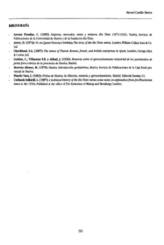 Manuel Castillo Martos
BIBLIOGRAFÍA
- Arenas Posadas, C. (1999): Empresa, mercados, mina y mineros. Río Tinto (1873-1956), Huelva, Servicio de
Publicaciones de la Universidad de Huelva y de la Fundación RíoTinto.
- Avery, D. (1974): No on Queen Victoria's birtbday.The story of the Rio Tinto mines, Londres,William Collins Sons & Co.
Ltd.
Checkland, S.G. (1967): The mines ofTbarsis. Roman, french, and british enterprises in Spain, Londres, George Allen
& Unwin, Ltd.
- Guitian, C, Villasante F.B. y Abbad, J. (1926): Memoria sobre el aprovechamiento industrial de los yacimientos de
pirita ferro-cobriza de laprovincia de Huelva, Madrid.
Moreno Alonso, M. (1979): Huelva. Introducción geobistórica, Huelva, Servicio de Publicaciones de la Caja Rural pro-
vincial de Huelva.
• Pinedo Vara, I. (1963): Piritas de Huelva. Su Historia, minería y aprovechamiento, Madrid, Editorial Summa, SI.
- Unthank Salkield, L (1987): A technical history of the Rio Tinto mines:some notes on explotationfrompre-Pboenician
times to the 1950s, Published at the office ofThe Institution of Mining and Metallurgy, Londres.
393
 