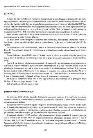 Apuntes históricos sobre la minería en el distrito de Castuera (Badajoz)
EL SIGLO XX
A inicios del siglo, los trabajos de explotación minera son muy escasos. Durante los primeros años del nuevo
siglo, las principales compañías que operaban en el distrito eran la Sociedad Minero Metalúrgica Peñarroya (SMMP)
y la Sociedad Escombreras-Bleyberg que investigaban un gran número de concesiones en la localidad. La SMMP figu-
ra desde 1888 como propietaria de las minas que pertenecían a la Sociedad Laffite por lo que se puede suponer que
ambas compañías se fusionaron en esa fecha. Posteriormente, en 1911, SMMP y la Sociedad Escombreras-Bleyberg
se unieron, quedando la SMMP como titular mayoritaria de los derechos mineros del distrito de Castuera.
En las minas de Lomo de Perro la actividad se reinició hacia 1904. Ese año se realizaron labores de exploración
y preparatorias en las minas Mentor y Babilonia.
Las minas activas durante este período eran entre otras, Rebelde Julia, Nueva Estrella y Campana y Mentor. Se
beneficiaba el plomo argentífero siendo la ley de Ag en mina Mentor (3-4 KgrAg/tPb) y en Rebelde Julia (2-2,5 Kgr
Ag/tPb).
Los trabajos extractivos en el distrito de Castuera se paralizaron definitivamente en 1909. En las minas de
Lomo del Perro el motivo alegado del cierre fue que la metalización era mucho más escasa que las previsiones
realizadas.
Durante la I Guerra Mundial hubo un corto período en que se relanzó la actividad minera. De todas formas
ésta se limitó al relavado de escombreras por parte de un grupo de pequeños empresarios (Estadística Minera
1914).
A partir de esa fecha tan sólo hubo intentos puntuales de reemprender las explotaciones subterráneas, como en
1926 que se proyectó continuar la explotación en los niveles inferiores de la mina Miraflores, aunque la idea fue
abandonada. Posteriormente en I960 se acometieron trabajos de reconocimiento de los filones de la concesión
Carmen, situada al norte de Miraflores. En el año siguiente se excavó un pozo hasta la profundidad de -50 m y se
abrió una galería de 62 m de longitud. Los trabajos cesaron en 1962. En esa misma época se realizaron trabajos en
la mina La Campana, situada en Mangada la Orden, al oeste de las anteriores explotaciones.
En el período comprendido entre 1950-70 tuvo lugar el relavado de escombreras de las principales minas:
Miraflores, El Rayo y el grupo Lomo del Perro.
En la actualidad, la actividad minera es nula.
PATRIMONIO MINERO CONSERVADO
Los restos que dejó la actividad minera del distrito de Castuera son el testimonio de la excepcional importancia
que tuvo la minería en el desarrollo socioeconómico e industrial de la comarca de La Serena en los períodos histó-
ricos anteriormente aludidos.
Actualmente todavía se conservan algunos vestigios de la minería en la época romana como los "rafados" (labo-
res de investigación y explotación, superficiales, que seguían el trazado del filón) (Foto 1), éstos son muy numero-
sos y consideramos necesaria su catalogación y estudio arqueológico.También apuntamos la posibilidad de investi-
gar las labores subterráneas antiguas que posiblemente sean parcialmente accesibles.
Respecto a la minería en el S XIX,las labores subterráneas son inaccesibles,}' la totalidad de los pozos están tapa-
dos. Se conservan en muy mal estado las antiguas construcciones adyacentes a las minas, como es el caso de
Miraflores, Valle Hondo, o el Peñoncillo, entre otras. Los castilletes de manipostería se conservan en La Gamonita,
Valdecantos yValle Hondo, aunque en muy mal estado. Sin embargo,el trazado del ramal del ferrocarril a Miraflores
se puede seguir completamente.
402
 