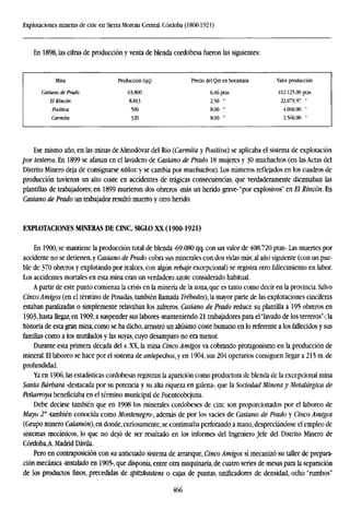 Explotaciones mineras de cinc en Sierra Morena Central. Córdoba (1860-1921)
En 1898, las cifras de producción y venta de blenda cordobesa fueron las siguientes:
Mina
Casiano de Prado
El Rincón
Positiva
Carmita
Producción
63.800
8.813
500
320
(qq) Precio del Qm en bocamina
6,46 ptas.
2,50 "
8,00 •
8,00 "
Valor producción
412.125,00 ptas.
22.079,97 "
4.000,00 "
2.560,00 "
Ese mismo año, en las minas de Almodóvar del Río {Carmita y Positiva) se aplicaba el sistema de explotación
por testeros. En 1899 se afanan en el lavadero de Casiano de Prado 18 mujeres y 30 muchachos (en las Actas del
Distrito Minero deja de consignarse niños:y se cambia por muchachos). Los números reflejados en los cuadros de
producción tuvieron un alto coste en accidentes de trágicas consecuencias, que verdaderamente diezmaban las
plantillas de trabajadores; en 1899 murieron dos obreros -más un herido grave- "por explosivos" en El Rincón. En
Casiano de Prado un trabajador resultó muerto y otro herido.
EXPLOTACIONES MINERAS DE CINC. SIGLO XX (1900-1921)
En 1900, se mantiene la producción total de blenda -69080 qq. con un valor de 408.720 ptas-. Las muertes por
accidente no se detienen, y Casiano de Prado cobra sus minerales con dos vidas más; al año siguiente (con un pue-
ble de 370 obreros y explotando por realces, con algún rebaje excepcional) se registra otro fallecimiento en labor.
Los accidentes mortales en esta mina eran un verdadero azote considerado habitual.
A partir de este punto comienza la crisis en la minería de la zona, que es tanto como decir en la provincia. Salvo
Cinco Amigos (en el término de Posadas, también llamada Trébedes), la mayor parte de las explotaciones cincíferas
estaban paralizadas o simplemente relavaban los zafreros. Casiano de Prado reduce su plantilla a 195 obreros en
1903, hasta llegar, en 1909, a suspender sus labores -manteniendo 21 trabajadores para el "lavado de los terreros"-; la
historia de esta gran mina, como se ha dicho, arrastró un altísimo coste humano en lo referente a los fallecidos y sus
familias como a los mutilados y las suyas, cuyo desamparo no era menor.
Durante esta primera década del s. XX, la mina Cinco Amigos va cobrando protagonismo en la producción de
mineral. El laboreo se hace por el sistema de antepechos,}' en 1904, sus 204 operarios consiguen llegar a 215 m. de
profundidad.
Ya en 1906, las estadísticas cordobesas registran la aparición como productora de blenda de la excepcional mina
Santa Bárbara -destacada por su potencia y su alta riqueza en galena-, que la Sociedad Minera y Metalúrgica de
Peñarroya beneficiaba en el término municipal de Fuenteobejuna.
Debe decirse también que en 1908 los minerales cordobeses de cinc son proporcionados por el laboreo de
Mayo 2° -también conocida como Montenegro-, además de por los vacies de Casiano de Prado y Cinco Amigos
(Grupo minero Calamón), en donde, curiosamente, se continuaba perforando a mano, despreciándose el empleo de
sistemas mecánicos, lo que no dejó de ser resaltado en los informes del Ingeniero Jefe del Distrito Minero de
Córdoba,A. Madrid Dávila.
Pero en contraposición con su anticuado sistema de arranque, Cinco Amigos sí mecanizó su taller de prepara-
ción mecánica -instalado en 1905-, que disponía, entre otra maquinaria, de cuatro series de mesas para la separación
de los productos finos, precedidas de spítzkastens o cajas de puntas, unificadores de densidad, ocho "rumbos"
466
 