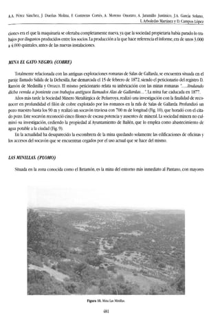 A.A. Pérez Sánchez, J. Dueñas Molina, F. Contreras Cortés, A. Moreno Onorato, A. Jaramillo Justinico, J.A. García Solano,
L. Arboledas Martínez y D. Campos López
ciones era el que la maquinaría se ofertaba completamente nueva, ya que la sociedad propietaria había parado lo tra-
bajos por disgustos producidos entre los socios. La producción a la que hace referencia el informe, era de unos 3.000
a 4.000 quintales, antes de las nuevas instalaciones.
MINA EL GATO NEGRO. (COBRE)
Totalmente relacionada con las antiguas explotaciones romanas de Salas de Gallarda, se encuentra situada en el
paraje llamado Salida de la Dehesilla, fue demarcada el 15 de febrero de 1872, siendo el peticionario del registro D.
Ramón de Medinilla y Orozco. El mismo peticionario relata su imbricación con las minas romanas " lindando
dicha vereda aponiente con trabajos antiguos llamados Alas de Gallardas...". La mina fue caducada en 1877.
Años más tarde la Sociedad Minero Metalúrgica de Peñarroya, realizó una investigación con lafinalidadde reco-
nocer en profundidad el filón de cobre explotado por los romanos en la rafa de Salas de Gallarda. Profundizó un
pozo maestro hasta los 90 m y realizó un socavón traviesa con 700 m de longitud (Fig. 10), que horadó con el cita-
do pozo. Este socavón reconoció cinco filones de escasa potencia y ausentes de mineral. La sociedad minera no cul-
minó su investigación, cediendo la propiedad al Ayuntamiento de Bailen, que lo emplea como abastecimiento de
agua potable a la ciudad (Fig. 9).
En la actualidad ha desaparecido la escombrera de la mina quedando solamente las edificaciones de oficinas y
los accesos del socavón que se encuentran cegados por el uso actual que se hace del mismo.
LASMINILLAS. (PLOMO)
Situada en la zona conocida como el Retamón, es la mina del entorno más inmediato al Pantano, con mayores
Figura 10. Mina Las Minillas.
481
 