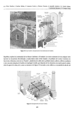 A.A. Pérez Sánchez, J. Dueñas Molina, F. Contreras Cortés, A. Moreno Onorato, A. Jaramillo Justinico, J.A. García Solano,
L.Arboledas Martínez y D. Campos López
Figura 18. Casa Cornish e interpretación de las instalaciones de bombeo.
República, explota la continuidad de los filones Culebrina y El Soldado. Los restos existentes de sus antiguas insta-
laciones se encuentran diversificadas a media ladera entre el Río Grande y el poblado de la mina. Consisten en:
Socavones, chimenea, restos de un "Rumbo", plataforma de cable aéreo, poblado minero, talleres, edificios auxiliares
y una casa para máquina de bombeo de tipología Cornish, que disponía de los elementos necesarios para la extrac-
ción de agua de la mina, tal y como se muestra en la figura 19-Asociado a este edificio se encontraba la sala de cal-
Figura 19- Interpretación de Casa de Caderas.
485
 