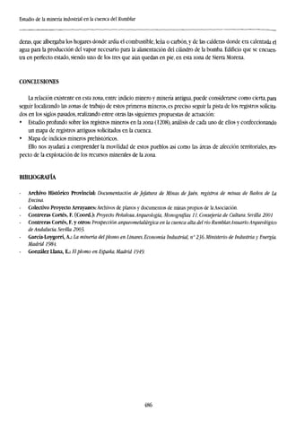 Estudio de la minería industrial en la cuenca del Rumblar
deras, que albergaba los hogares donde ardía el combustible, leña o carbón, y de las calderas donde era calentada el
agua para la producción del vapor necesario para la alimentación del cilindro de la bomba. Edificio que se encuen-
tra en perfecto estado, siendo uno de los tres que aún quedan en pie, en esta zona de Sierra Morena.
CONCLUSIONES
La relación existente en esta zona, entre indicio minero y minería antigua, puede considerarse como cierta, para
seguir localizando las zonas de trabajo de estos primeros mineros, es preciso seguir la pista de los registros solicita-
dos en los siglos pasados, realizando entre otras las siguientes propuestas de actuación:
• Estudio profundo sobre los registros mineros en la zona (1208), análisis de cada uno de ellos y confeccionando
un mapa de registros antiguos solicitados en la cuenca.
• Mapa de indicios mineros prehistóricos.
Ello nos ayudará a comprender la movilidad de estos pueblos así como las áreas de afección territoriales, res-
pecto de la explotación de los recursos minerales de la zona.
BIBLIOGRAFÍA
Archivo Histórico Provincial: Documentación de Jefatura de Minas de Jaén, registros de minas de Baños de La
Encina.
Colectivo Proyecto Arrayanes: Archivos de planos y documentos de minas propios de la Asociación.
- Contreras Cortés, F. (Coord.): Proyecto Peñalosa.Arqueología, Monografías 11. Consejería de Cultura. Sevilla 2
Contreras Cortés, F. y otros: Prospección arqueometalúrgica en la cuenca alta del río RumblarAnuarioArqueológ
de Andalucía. Sevilla 2003-
García-Loygorri, A.: La minería delplomo en Linares. Economía Industrial, n° 236. Ministerio de Industria y Ener
Madrid 1984.
González Llana, E.: Elplomo en España. Madrid 1949.
486
 
