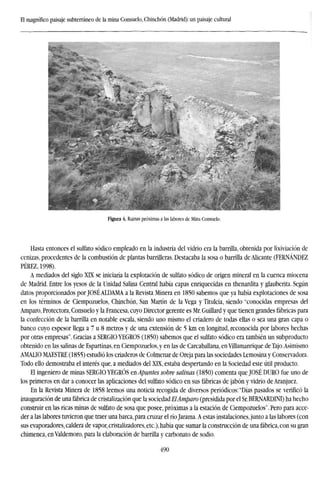 El magnífico paisaje subterráneo de la mina Consuelo, Chinchón (Madrid): un paisaje cultural
Figura 4. Ruinas próximas a las labores de Mina Consuelo.
Hasta entonces el sulfato sódico empleado en la industria del vidrio era la barrilla, obtenida por lixiviación de
cenizas, procedentes de la combustión de plantas barrilleras. Destacaba la sosa o barrilla de Alicante (FERNÁNDEZ
PÉREZ, 1998).
A mediados del siglo XFX se iniciaría la explotación de sulfato sódico de origen mineral en la cuenca miocena
de Madrid. Entre los yesos de la Unidad Salina Central había capas enriquecidas en thenardita y glauberita. Según
datos proporcionados por JOSÉ ALDAMA a la Revista Minera en 1850 sabemos que ya había explotaciones de sosa
en los términos de Ciempozuelos, Chinchón, San Martín de la Vega y Titulcia, siendo "conocidas empresas del
Amparo, Protectora, Consuelo y la Francesa, cuyo Director gerente es Mr. Guillard y que tienen grandes fábricas para
la confección de la barrilla en notable escala, siendo uno mismo el criadero de todas ellas o sea una gran capa o
banco cuyo espesor llega a 7 u 8 metros y de una extensión de 5 km en longitud, reconocida por labores hechas
por otras empresas". Gracias a SERGIO YEGROS (1850) sabemos que el sulfato sódico era también un subproducto
obtenido en las salinas de Espartinas, en Ciempozuelos, y en las de Carcaballana, enVillamanrique de Tajo.Asimismo
AMALIO MAESTRE (1855) estudió los criaderos de Colmenar de Oreja para las sociedades Lemosina y Conservadora.
Todo ello demostraba el interés que, a mediados del XFX, estaba despertando en la Sociedad este útil producto.
El ingeniero de minas SERGIO YEGRÓS en Apuntes sobre salinas (1850) comenta que JOSÉ DURO fue uno de
los primeros en dar a conocer las aplicaciones del sulfato sódico en sus fábricas de jabón y vidrio de Aranjuez.
En la Revista Minera de 1858 leemos una noticia recogida de diversos periódicos: "Días pasados se verificó la
inauguración de una fábrica de cristalización que la sociedad ElAmparo (presidida por el Sr. BERNARDINI) ha hecho
construir en las ricas minas de sulfato de sosa que posee, próximas a la estación de Ciempozuelos". Pero para acce-
der a las labores tuvieron que traer una barca, para cruzar el río Jarama. A estas instalaciones, junto a las labores (con
sus evaporadores, caldera de vapor, cristalizadores, etc.), había que sumar la construcción de una fábrica, con su gran
chimenea, en Valdemoro, para la elaboración de barrilla y carbonato de sodio.
490
 