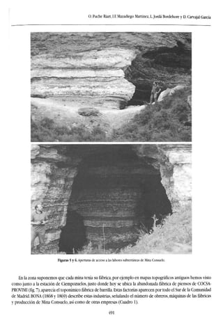 O. Puche Riart, LE Mazadiego Martínez, L.Jordá Bordehore y D. Carvajal García
Figuras 5 y 6. Aperturas de acceso a las labores subterráneas de Mina Consuelo.
En la zona suponemos que cada mina tenía su fábrica, por ejemplo en mapas topográficos antiguos hemos visto
como junto a la estación de Ciempozuelos, justo donde hoy se ubica la abandonada fábrica de piensos de COCSA-
PROVIMI (fig. 7), aparecía el toponímico fábrica de barrilla. Estas factorías aparecen por todo el Sur de la Comunidad
de Madrid. BONA (1868 y 1869) describe estas industrias, señalando el número de obreros, máquinas de las fábricas
y producción de Mina Consuelo, así como de otras empresas (Cuadro 1).
491
 