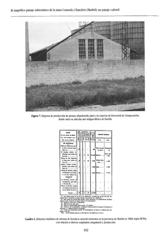 El magnífico paisaje subterráneo de la mina Consuelo, Chinchón (Madrid): un paisaje cultural
Figura 7. Empresa de producción de piensos abandonada, junto a la estación de ferrocarril de Ciempozuelos,
donde antes se ubicaba una antigua fábrica de barrilla.
HOMBRE
U ACTIVIDAD.
Fabrica de Busürríejo para
la pirita arsenical argén-
El Coiuiulo, termino de
Chinchón, pira salíalo de
Fábrica de San Martín de
la Vega, para sulfilo de
Átnpam, termino de Ciem-
pozuelos, par» sulfato de
Sosa (4)
Fabrica de barrilla T jabón
de Valdemoro, para sulfa-
to de sou anhidro (5).
»AJLU>AS.
LA Proteetan, término de
Ciempozuelos, para solía*
Pabtiea de barrilla j jabón
de Aranjuez.part minera-
les de sulfilo de sosa fV).
I
1
97
MAQUINAS.
p
DE virón
t
2
4
ses
24
36
SO
tí*
I ¡i
250
23.448
5.00(1
9.000
3.200
42.896
rUDOCTO 0BTCMB0.
cu...
Plata coa algo
dd cobre,.
Barrilla
Sulfato hidra-
Barrilla... ,
m„.
Kilogramo.
53
Quint, niel.
7.301
1.200
3.000
3.750
(1) Esta fabrica consta de un horno de calculación, 4 toneles (de los que sólo bao fun-
cionado das}, y Etn molino de piedra vertical, todo movido por caballerías.
(2) Esta consta de 4 botaos para barrilla, 2. para disecación, 15 cristalizadores, 25 mtce-
radores, 2 eras, 2 aparatos de ttgaas madres j 3 cnstalladores.
(5) Consta de 4 eras para la desecación.
(4) ídem de 2 eras para idem.
(5) Idem de 2 hornos doble* para barrilla y 3 molinos.
(ti) Consta de 10 cristalizadores, un depósito de agaas madres. 35 cajones de disolución, 4
cbarcones j 4 calderas pequeñas de palastro.
(7) Consta de 2 hornos para barrilla, 16 cristalizadores, un horno y tí calderas para car-
Cuadro 1. Relación estadística de oficinas de beneficio mineral existentes en la provincia de Madrid en 1868, según BONA,
con relación a obreros empleados, maquinaria y producción.
492
 