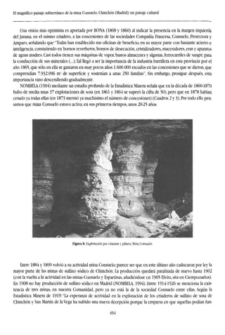 El magnífico paisaje subterráneo de la mina Consuelo, Chinchón (Madrid): un paisaje cultural
Una visión más optimista es aportada por BONA (1868 y I860) al indicar la presencia en la margen izquierda
del Jarama, en el mismo criadero, a las concesiones de las sociedades Compañía Francesa, Consuelo, Protectora y
Amparo, señalando que: "Todas han establecido sus oficinas de beneficio, en su mayor parte con bastante acierto e
inteligencia, consistiendo en hornos reverberos, hornos de desecación, cristalizadores, maceradores, eras y aparatos
de aguas madres. Casi todos tienen sus máquinas de vapor, bastos almacenes y algunas, ferrocarriles de sangre para
la conducción de sus minerales (...).Tal llegó a ser la importancia de la industria barrillera en esta provincia por el
año 1865, que sólo en ella se gastaron en muy pocos años 1.600.000 escudos en las concesiones que se dieron, que
comprendían 7.932.096 m' de superficie y sostenían a unas 250 familias". Sin embargo, prosigue después, esta
importancia vino descendiendo gradualmente.
NOMBELA (1994) mediante un estudio profundo de la Estadística Minera señala que en la década de 1860-1870
hubo de media unas 37 explotaciones de sosa (en 1861 y 1864 se superó la cifra de 50), pero que en 1878 habían
cesado ya todas ellas (en 1873 mermó ya muchísimo el número de concesiones) (Cuadros 2 y 3). Por todo ello pen-
samos que mina Consuelo estuvo activa, en sus primeros tiempos, unos 20-25 años.
Figura 8. Explotación por cámaras y pilares, Mina Consuelo.
Entre 1884 y 1890 volvió a su actividad mina Consuelo; parece ser que en este último año caducaron por ley la
mayor parte de las minas de sulfato sódico de Chinchón. La producción quedará paralizada de nuevo hasta 1902
(con la vuelta a la actividad en las minas Consuelo y Espartinas, añadiéndose en 1905 Elvira, sita en Ciempozuelos).
En 1908 no hay producción de sulfato sódico en Madrid (NOMBELA, 1994). Entre 1914-1926 se menciona la exis-
tencia de tres minas, en nuestra Comunidad, pero ya no está la de la sociedad Consuelo entre ellas. Según la
Estadística Minera de 1919: "La esperanza de actividad en la explotación de los criaderos de sulfato de sosa de
Chinchón y San Martín de la Vega ha sufrido una nueva decepción porque la empresa en que aquellas podían fun-
494
 