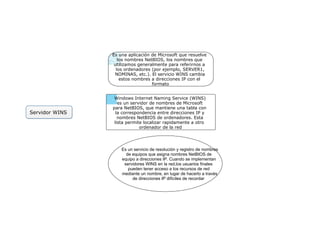 Es una aplicación de Microsoft que resuelve
los nombres NetBIOS, los nombres que
utilizamos generalmente para referirnos a
los ordenadores (por ejemplo, SERVER1,
NOMINAS, etc.). El servicio WINS cambia
estos nombres a direcciones IP con el
formato

Servidor WINS

Windows Internet Naming Service (WINS)
es un servidor de nombres de Microsoft
para NetBIOS, que mantiene una tabla con
la correspondencia entre direcciones IP y
nombres NetBIOS de ordenadores. Esta
lista permite localizar rapidamente a otro
ordenador de la red

Es un servicio de resolución y registro de nombres
de equipos que asigna nombres NetBIOS de
equipo a direcciones IP. Cuando se implementan
servidores WINS en la red,los usuarios finales
pueden tener acceso a los recursos de red
mediante un nombre, en lugar de hacerlo a través
de direcciones IP difíciles de recordar

 