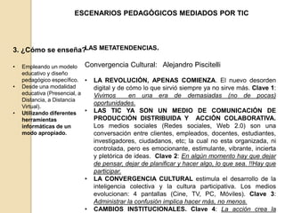 • Empleando un modelo 
educativo y diseño 
pedagógico específico. 
• Desde una modalidad 
educativa (Presencial, a 
Distancia, a Distancia 
Virtual). 
• Utilizando diferentes 
herramientas 
informáticas de un 
modo apropiado. 
ESCENARIOS PEDAGÓGICOS MEDIADOS POR TIC 
3. ¿Cómo se enseña?LAS METATENDENCIAS. 
Convergencia Cultural: Alejandro Piscitelli 
• LA REVOLUCIÓN, APENAS COMIENZA. El nuevo desorden 
digital y de cómo lo que sirvió siempre ya no sirve más. Clave 1: 
Vivimos en una era de demasiadas (no de pocas) 
oportunidades. 
• LAS TIC YA SON UN MEDIO DE COMUNICACIÓN DE 
PRODUCCIÓN DISTRIBUIDA Y ACCIÓN COLABORATIVA. 
Los medios sociales (Redes sociales, Web 2.0) son una 
conversación entre clientes, empleados, docentes, estudiantes, 
investigadores, ciudadanos, etc; la cual no esta organizada, ni 
controlada, pero es emocionante, estimulante, vibrante, incierta 
y pletórica de ideas. Clave 2: En algún momento hay que dejar 
de pensar, dejar de planificar y hacer algo, lo que sea. !!Hay que 
participar. 
• LA CONVERGENCIA CULTURAL estimula el desarrollo de la 
inteligencia colectiva y la cultura participativa. Los medios 
evolucionan: 4 pantallas (Cine, TV, PC, Móviles). Clave 3: 
Administrar la confusión implica hacer más, no menos. 
• CAMBIOS INSTITUCIONALES. Clave 4: La acción crea la 
 