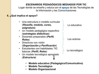 ESCENARIOS PEDAGÓGICOS MEDIADOS POR TIC 
Lugar donde se enseña y educa con el apoyo de las Tecnologías de 
la Información y las Comunicaciones 
6. ¿Qué implica el apoyo? 
• Una estructura o modelo curricular 
(filosofía, modulo, curso, 
asignatura) 
• Un modelo pedagógico especifico 
(estrategias didácticas) 
• Docentes preparados (Perfil, 
Roles) 
• Directivos con visión 
(Organización y Panificación) 
• Estudiantes con habilidades TIC 
básicas (Perfil, Roles) 
• Un modelo tecnológico apropiado 
(Estructura) 
Lo educativo 
Los actores 
Lo tecnológico 
• Modelo educativo (Pedagógico/Comunicativo) 
• Modelo Tecnológico 
• Modelo Organizacional 
 