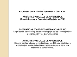 ESCENARIOS PEDAGÓGICOS MEDIADOS POR TIC 
≠ 
AMBIENTES VIRTUALES DE APRENDIZAJE 
(Tipo de Escenario Pedagógico Mediado por TIC) 
ESCENARIOS PEDAGÓGICOS MEDIADOS POR TIC 
Lugar donde se enseña y educa con el apoyo de las Tecnologías de 
la Información y las Comunicaciones 
AMBIENTES VIRTUALES DE APRENDIZAJE 
Entorno configurado con la mediación de las TIC para posibilitar el 
aprendizaje a través de las interacciones entre los sujetos y de 
éstos con el conocimiento. 
 