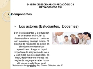 DISEÑO DE ESCENARIOS PEDAGÓGICOS 
MEDIADOS POR TIC 
2. Componentes 
• Los actores (Estudiantes, Docentes) 
Son los estudiantes y el educador, 
estos sujetos estimulan su 
desempeño al entrar en contacto 
con los otros y consigo mismo. El 
sistema de relaciones se activa en 
el encuentro enseñanza-aprendizaje. 
Juega un papel 
importante la asignación de roles 
y los límites que se establecen, es 
decir, determinar de entrada las 
reglas de juego para saber hasta 
dónde se puede llegar en el 
Texto tomado del maomdublioe Tnetoerías y Diseños Didácticos pág. 57 
 