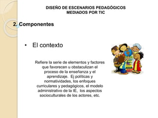 DISEÑO DE ESCENARIOS PEDAGÓGICOS 
MEDIADOS POR TIC 
2. Componentes 
• El contexto 
Refiere la serie de elementos y factores 
que favorecen u obstaculizan el 
proceso de la enseñanza y el 
aprendizaje. Ej políticas y 
normatividades, los enfoques 
curriculares y pedagógicos, el modelo 
administrativo de la IE, los aspectos 
socioculturales de los actores, etc. 
 