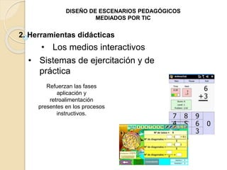 DISEÑO DE ESCENARIOS PEDAGÓGICOS 
MEDIADOS POR TIC 
2. Herramientas didácticas 
• Los medios interactivos 
• Sistemas de ejercitación y de 
práctica 
Refuerzan las fases 
aplicación y 
retroalimentación 
presentes en los procesos 
instructivos. 
 