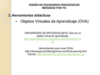 DISEÑO DE ESCENARIOS PEDAGÓGICOS 
MEDIADOS POR TIC 
2. Herramientas didácticas 
• Objetos Virtuales de Aprendizaje (OVA) 
UNIVERSIDAD DE ANTIOQUIA (2010). Que es un 
objeto virtual de aprendizaje. 
http://aprendeenlinea.udea.edu.co/lms/men/oac1.ht 
ml 
Herramientas para crear OVAs 
http://descargar.portalprogramas.com/ExeLearning.html 
Tutorial: http://exelearning.net/html_manual/exe_es/ 
