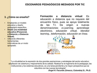 ESCENARIOS PEDAGÓGICOS MEDIADOS POR TIC 
3. ¿Cómo se enseña? 
• Empleando un modelo 
educativo y diseño 
pedagógico específico. 
• Desde una modalidad 
educativa (Presencial, 
a Distancia, a Distancia 
Virtual). 
• Utilizando diferentes 
herramientas 
informáticas de un modo 
apropiado. 
Formación a distancia virtual: Es 
educación a distancia que no requiere del 
encuentro físico, pues se apoya totalmente 
de las T.I. Da origen a nuevas 
denominaciones: e-Learning, aprendizaje 
electrónico, educación virtual, blended 
learning., teleformación, educación en línea. 
“La virtualidad es la expresión de dos grandes aspiraciones y estrategias del sector educativo: 
ampliación de cobertura y mejoramiento de la calidad. Realizar la re-ingeniería de la pedagogía, las 
instituciones y los sistemas educativos, es una tarea pendiente y la mayor perspectiva que se 
vislumbra con las nuevas tecnologías” 
Ángel H. Facundo (Unesco, Colombia) D., Ph.D. 
 