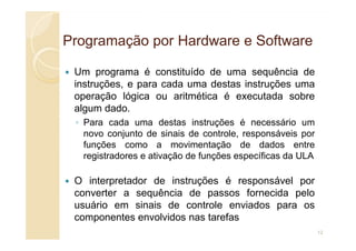 Programação por Hardware e Software
Programação por Hardware e Software
Um programa é constituído de uma sequência de
instruções, e para cada uma destas instruções uma
operação lógica ou aritmética é executada sobre
algum dado.
◦ Para cada uma destas instruções é necessário um
◦ Para cada uma destas instruções é necessário um
novo conjunto de sinais de controle, responsáveis por
funções como a movimentação de dados entre
registradores e ativação de funções específicas da ULA
O interpretador de instruções é responsável por
converter a sequência de passos fornecida pelo
usuário em sinais de controle enviados para os
componentes envolvidos nas tarefas
12
 